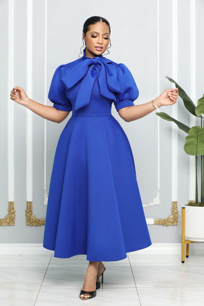 blue midi dress with sleeves